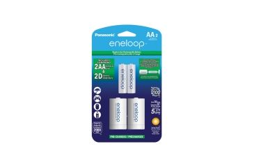 Image of Eneloop Rechargeable AA 1.2V 2000mAh NiMh Batteries with D-cell Spacers - 2pk, White, K-KJS1MCA2BA
