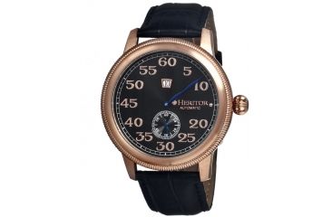 Image of Heritor Bohr Mens Watch, Black Leather Band, Rose Gold Bezel, Black Analog Dial, Blue Hand HERHR1004