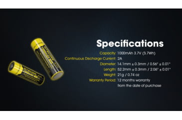 Image of Nitecore NL1410 1000mAh Rechargeable 14500 Battery, Black/Yellow, 6952506496334