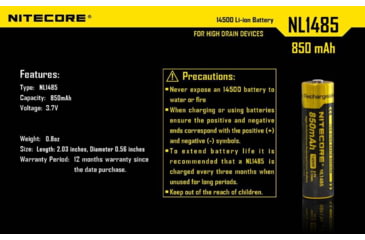 Image of Nitecore NL1485 850mAh 14500 Rechargeable Battery, Yellow, 6952506492398