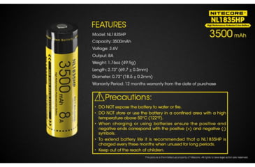 Image of Nitecore NL1835HP 3500mAh High Performance Rechargeable 18650 Battery, Yellow, 6952506492343