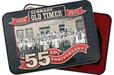 Image of Schrade Old Timer 55th Anniversary Tin, Lid Color Anniversary Artwork, Interior Deluxe Foam Insert With Cutouts To Fit Old Timer 108Ot Junior, 12Ot Pal, 8Ot Senior, Knives Are Not Included, SCH55TIN