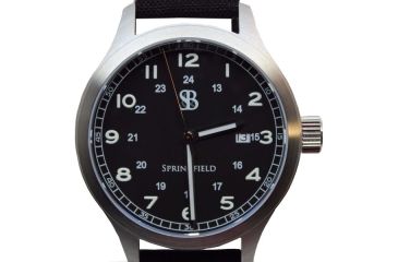 Image of Smith&amp;Bradley Ltd. Springfield Field Watch w/ Stainless Silver/ Black Dial, Black Strap, 44MM, NSN n SPRINGIELD STAINLESS BLK