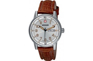 Image of Wenger Commando Day-Date Men's Silver Dial and Brown Leather Strap 70170