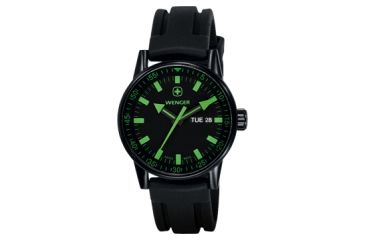 Image of Wenger Mens Commando Day Date XL Swiss Watch w/ PVD Case black dial, green numerals, black silicone strap 70172