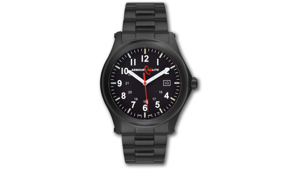 Armourlite Field Series AL104 Swiss Made Tritium Illuminated Watch with Shatterproof Armourglass, Black Case, Black Dial, White Numbers, 42mm, AL104