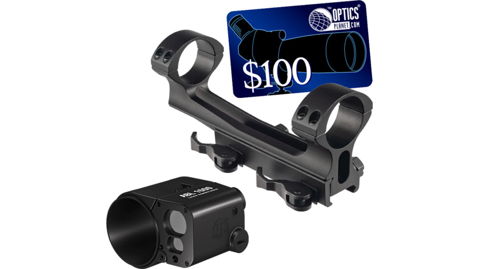 ATN 1,000 yard Auxiliary Ballistic Laser Rangefinder &amp; ATN Scope Mounting System Quick Detach 1-PC Base &amp; Ring Combo &amp; 100 OpticsPlanet.com Email Gift Certificate