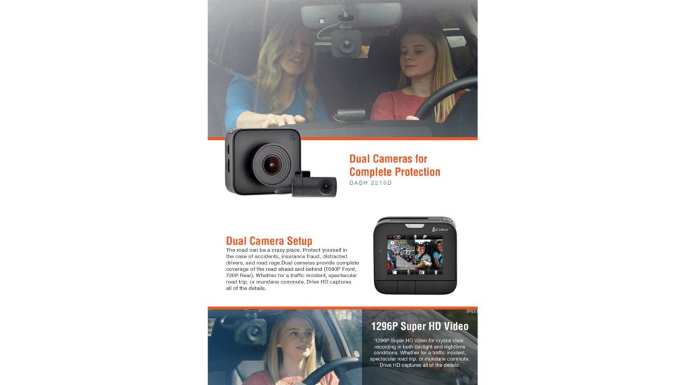 Cobra Dual View Dash Cam w/ Driver Alert System, Black, DASH2216D