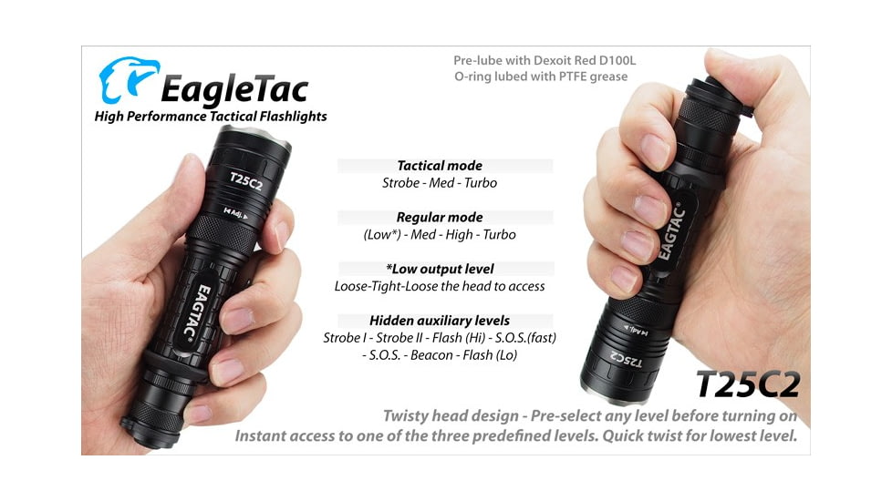 EAGTAC T25C2 Flashlight Weapon Kit, XM-L2 U2 NW LED, 1180lm, Black, T25C2-XML2-WEAKIT-NW
