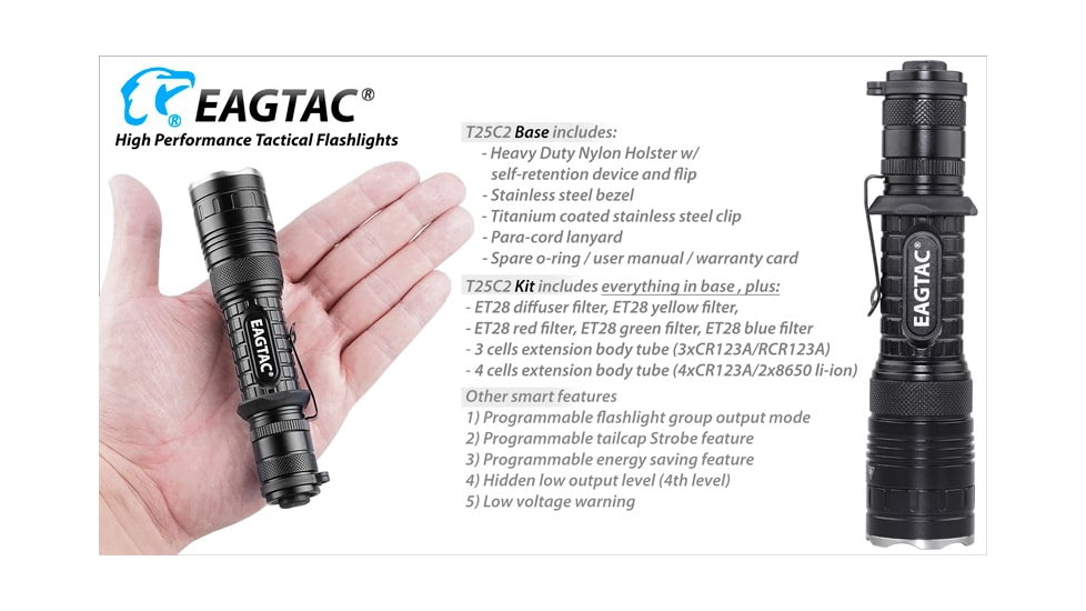 EAGTAC T25C2 Flashlight Weapon Kit, XM-L2 U2 NW LED, 1180lm, Black, T25C2-XML2-WEAKIT-NW