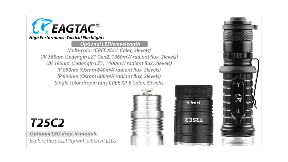 EAGTAC T25C2 Flashlight Weapon Kit, XM-L2 U2 NW LED, 1180lm, Black, T25C2-XML2-WEAKIT-NW