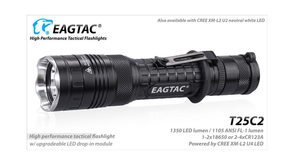 EAGTAC T25C2 Flashlight Weapon Kit, XM-L2 U2 NW LED, 1180lm, Black, T25C2-XML2-WEAKIT-NW