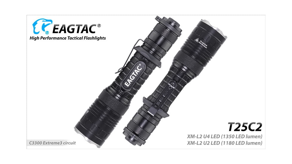 EAGTAC T25C2 Flashlight Weapon Kit, XM-L2 U2 NW LED, 1180lm, Black, T25C2-XML2-WEAKIT-NW