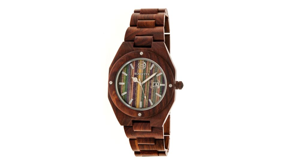 Earth Cypress Multi-Colored Skateboard Wood Dial Leather-Band Watch w/Date, Multicolor ETHEW4003