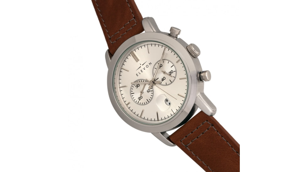 Elevon Langley Chronograph Leather-Band Watch W/ Date, Silver/Brown, ELE103-2