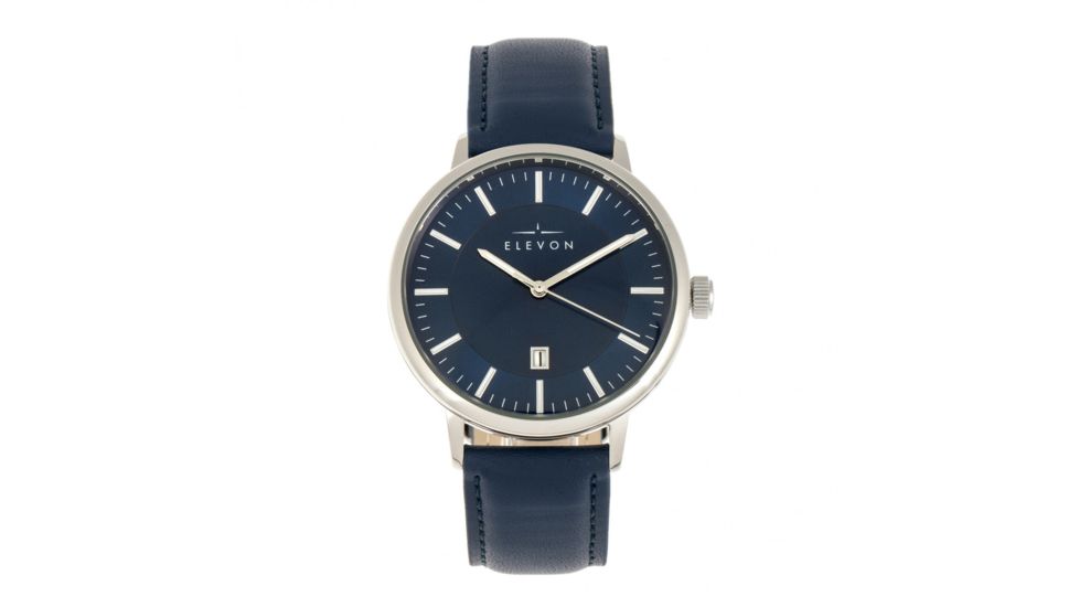 Elevon Vin Leather-Band Watch w/ Date, Silver/Blue, One Size, ELE111-4