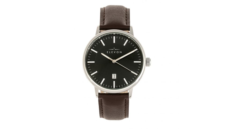 Elevon Vin Leather-Band Watch w/ Date, Silver/Brown, One Size, ELE111-3