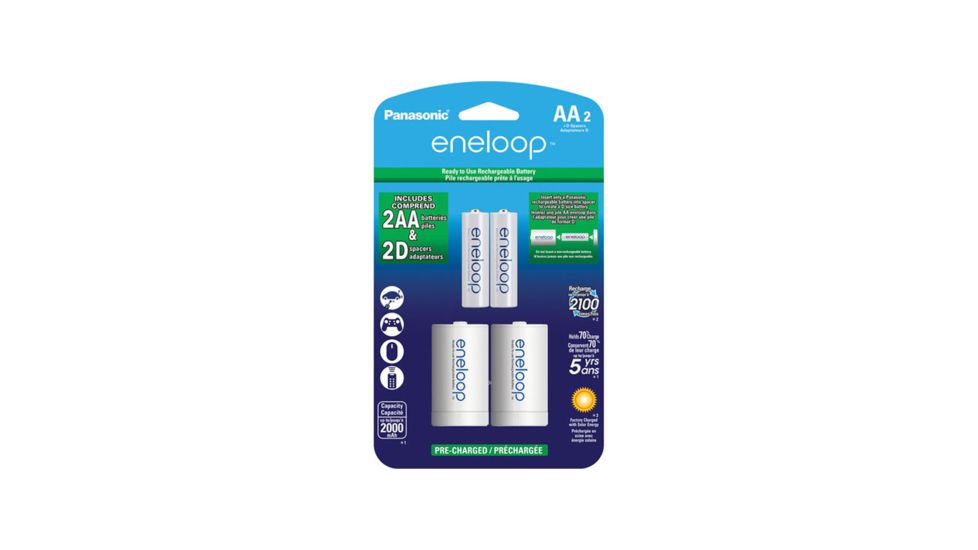 Eneloop Rechargeable AA 1.2V 2000mAh NiMh Batteries with D-cell Spacers - 2pk, White, K-KJS1MCA2BA