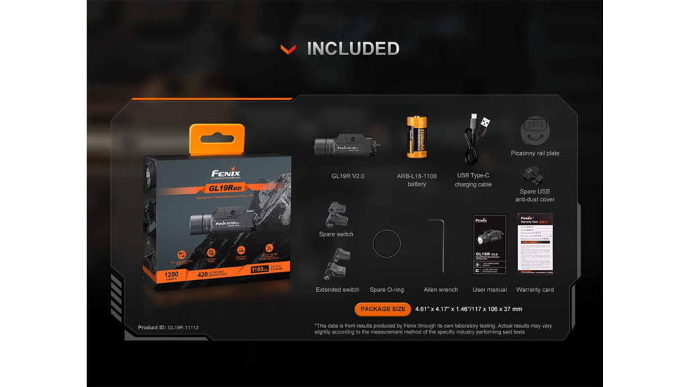 Fenix GL19R V2, Weapon Light, 1,200 Lumens, 3.7 Long, Fits GLOCK and 1913 Rails, Includes Rechargeable 18350 Battery and USB Type-C Charging Cable