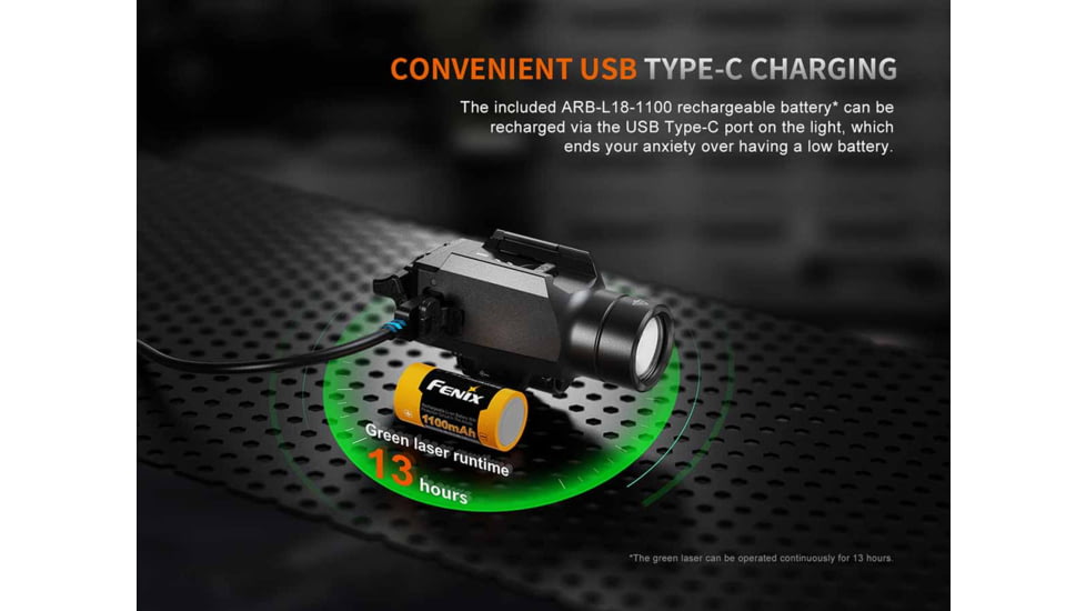 Fenix GL23R, Weapon Light, White LED with Green Laser, 1,200 Lumens, 3.43 Long, Fits GLOCK and 1913 Rails, Includes Rechargeable 18350 Battery and USB Type-C Charging Cable