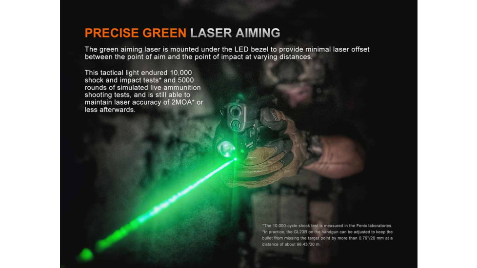 Fenix GL23R, Weapon Light, White LED with Green Laser, 1,200 Lumens, 3.43 Long, Fits GLOCK and 1913 Rails, Includes Rechargeable 18350 Battery and USB Type-C Charging Cable