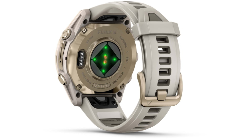 Garmin fenix 8 AMOLED 43mm GPS Watch, Sapphire, Soft Gold with Fog Gray/Dark Sandstone Silicone Band, 010-02903-10