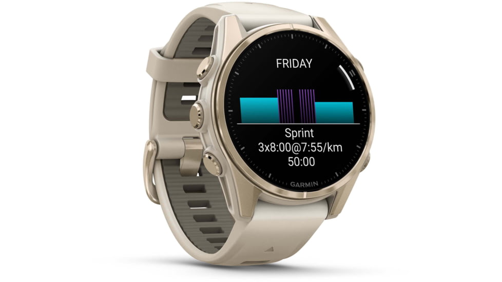 Garmin fenix 8 AMOLED 43mm GPS Watch, Sapphire, Soft Gold with Fog Gray/Dark Sandstone Silicone Band, 010-02903-10