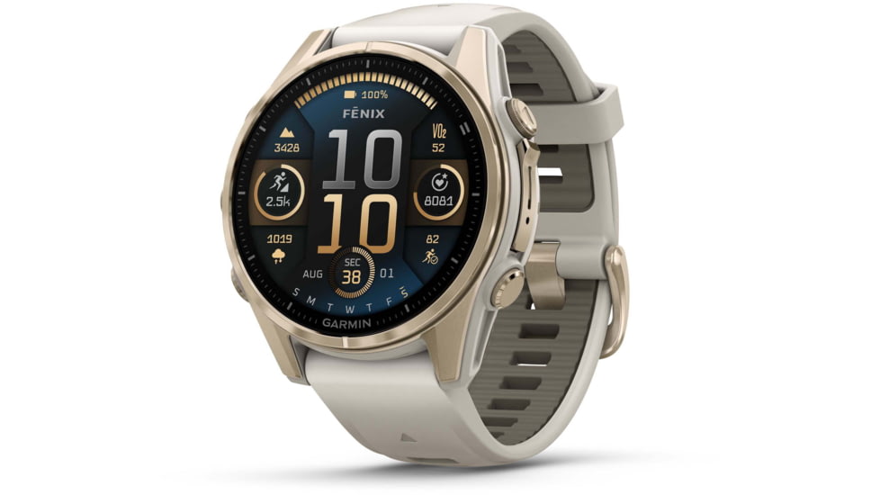 Garmin fenix 8 AMOLED 43mm GPS Watch, Sapphire, Soft Gold with Fog Gray/Dark Sandstone Silicone Band, 010-02903-10