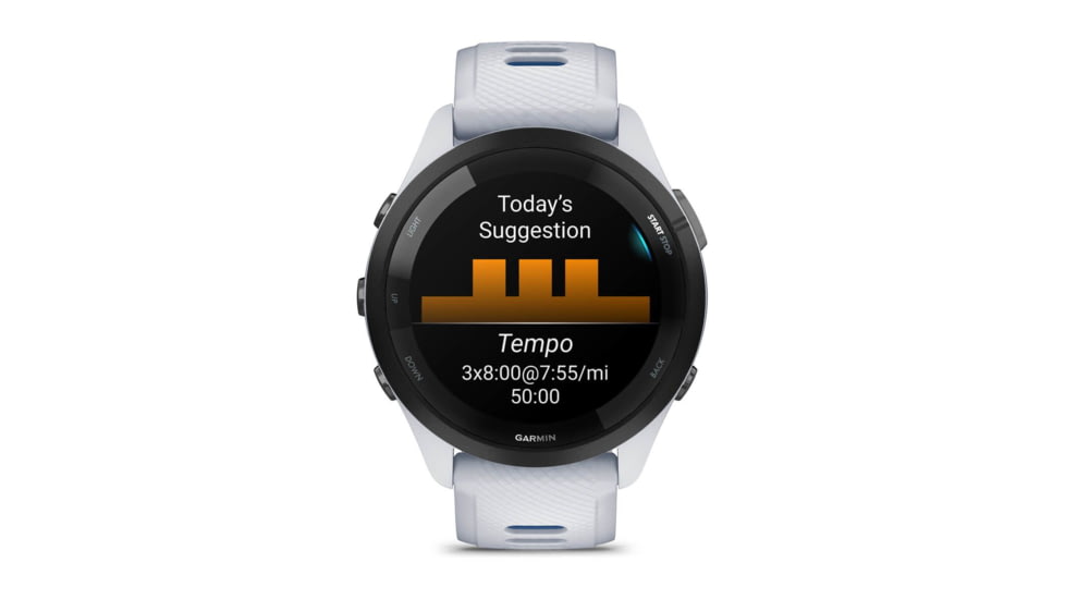Garmin Forerunner 265 Watch, Black Bezel w/ Whitestone Case and Whitestone/Tidal Blue Silicone Band, 010-02810-01