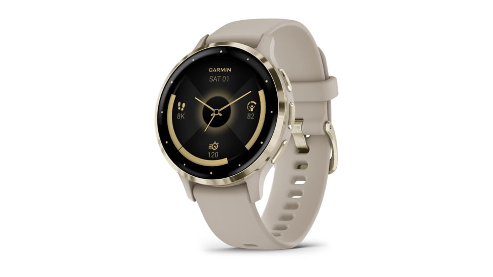 Garmin Venu 3S Watch, Soft Gold Stainless Steel Bezel w/ French Gray Case and Silicone Band, 010-02785-02
