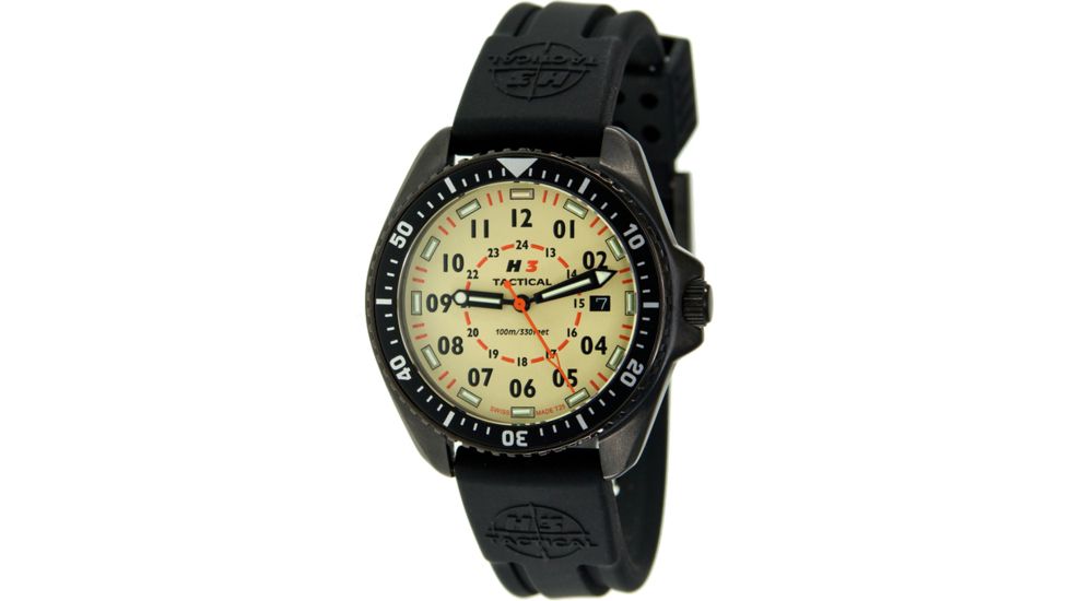 H3 Tactical H3.202351.09b Field Ops Mens Watch - Black Bezel, Black Rubber Band, Khaki Dial 