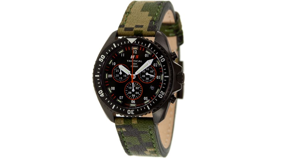 H3 Tactical H3.222461.09 Field Ops Mens Watch - Timer, Black Dial, Camo Leather Band 