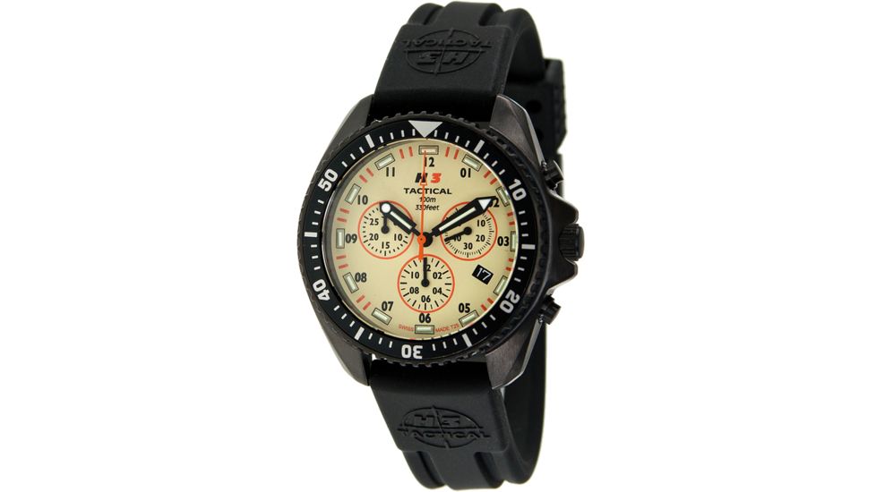 H3 Tactical H3.222351.09b Field Ops Mens Watch - Timer, Khaki Dial, Black Rubber Band 
