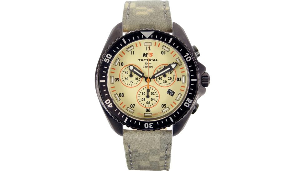 H3 Tactical H3.222351.09 Field Ops Mens Watch - Timer, Khaki Dial, Green Leather Band 