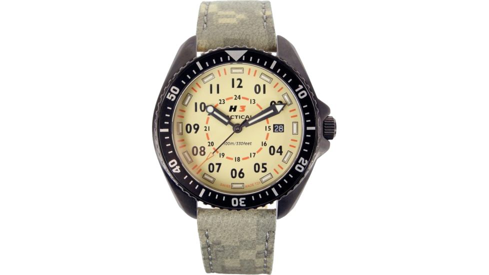 H3 Tactical H3.202351.09 Field Ops Mens Watch - Black Bezel, Green Leather Band, Khaki Dial