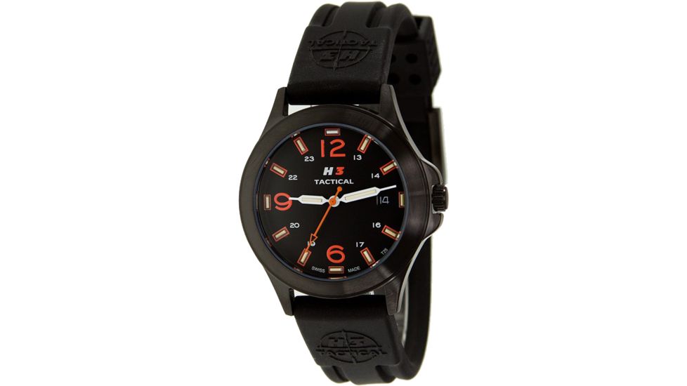 H3 Tactical H3.602233.09 Colors Mens Watch - Black Rubber Band, Black Dial, Orange Markers