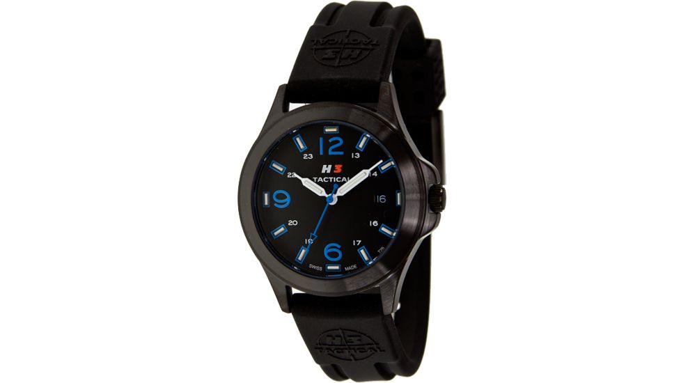 H3 Tactical H3.602232.09 Colors Mens Watch - Black Rubber Band, Black Dial, Blue Markers