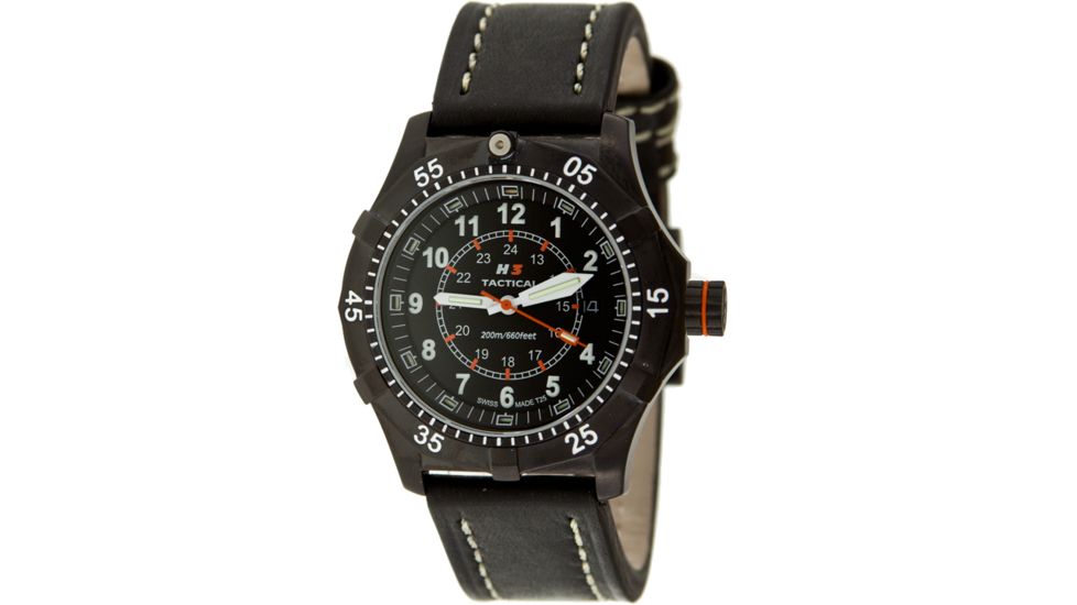H3 Tactical H3.302271.11 Commander Mens Watch - Black Dial, Black Case, Black Leather Band - Quartz