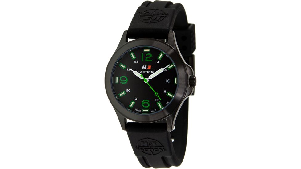 H3 Tactical H3.602431.09 Colors Mens Watch - Black Rubber Band, Black Dial, Green Markers