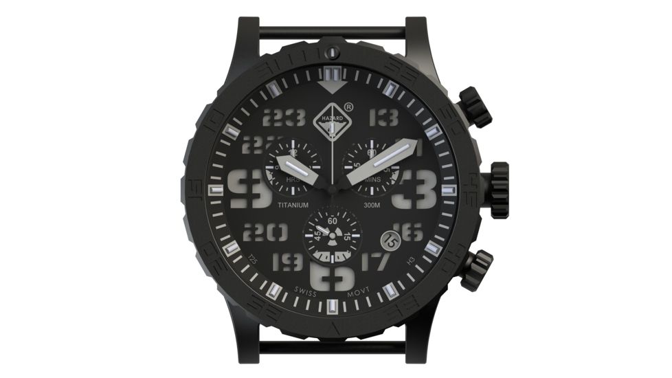 Hazard 4 Heavy Water Diver, 50mm Titanium Chrono tiBracelet Watch with Tritium, Black Dial, White Texts, Blue/Red Tritium, HWD-TIPV-CH-B-KW-BBRB
