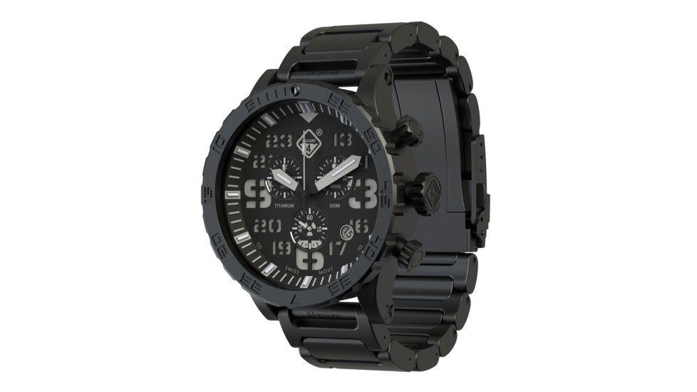 Hazard 4 Heavy Water Diver, 50mm Titanium Chrono tiBracelet Watch with Tritium, Black Dial, White Texts, Blue/Red Tritium, HWD-TIPV-CH-B-KW-BBRB
