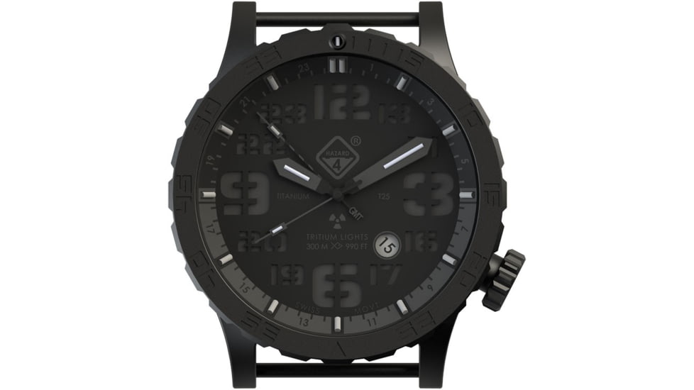 Hazard 4 Heavy Water Diver, 50mm Titanium Watch Bracelet with Tritium, Black Dial, Charcoal Texts, Blue/Red Tritium, HWD-TIPV-B-KC-BBRB