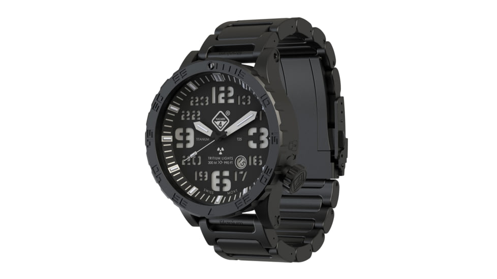 Hazard 4 Heavy Water Diver, 50mm Titanium Watch Bracelet with Tritium, Black Dial, White Texts, Blue/Red Tritium, HWD-TIPV-B-KW-BBRB