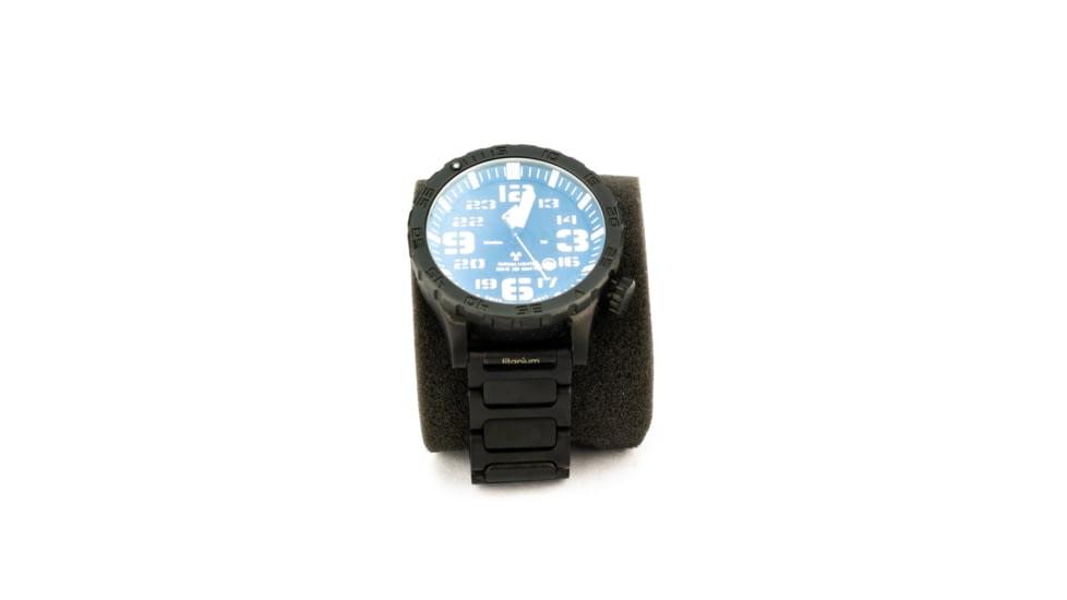 Hazard 4 Heavy Water Diver, 50mm Titanium Watch Bracelet with Tritium, Black Dial, White Texts, Blue/Red Tritium, HWD-TIPV-B-KW-GGYG