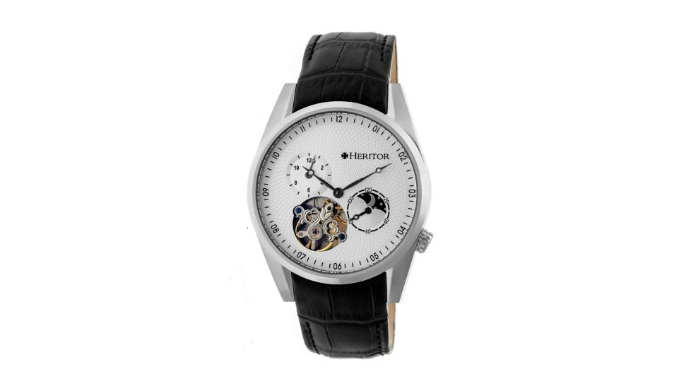 Heritor Alexander Semi-Skeleton Dial Leather-Band Watch, Silver/White, Standard HERHR4901