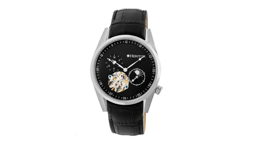 Heritor Alexander Semi-Skeleton Dial Leather-Band Watch, Silver/Black, Standard HERHR4902