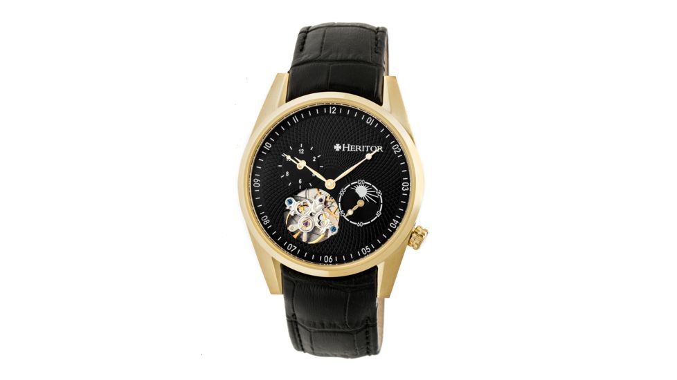 Heritor Alexander Semi-Skeleton Dial Leather-Band Watch, Gold/Black, Standard HERHR4904