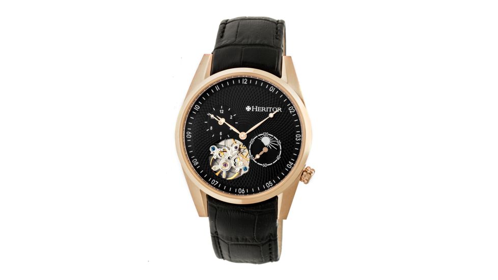 Heritor Alexander Semi-Skeleton Dial Leather-Band Watch, Rose Gold/Black, Standard HERHR4906