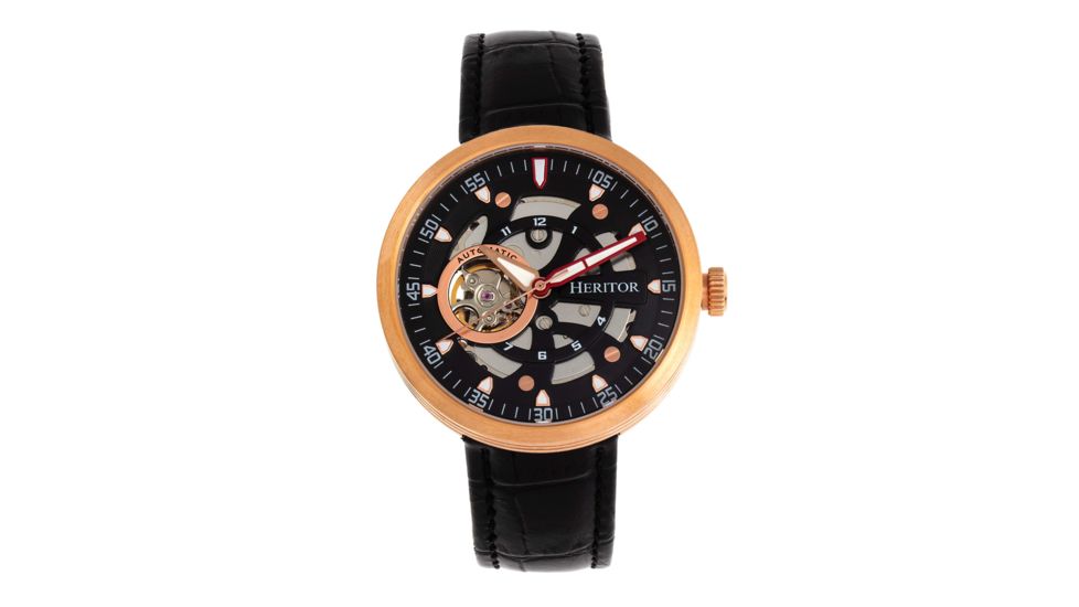 Heritor Automatic Jasper Skeleton Leather-Band Watch, Rose Gold/Black, One Size, HERHR8707