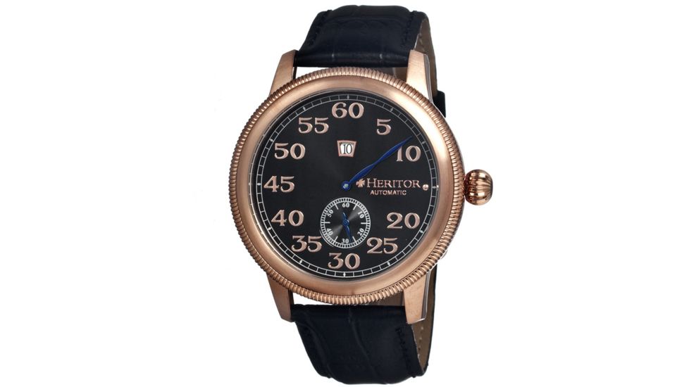 Heritor Bohr Mens Watch, Black Leather Band, Rose Gold Bezel, Black Analog Dial, Blue Hand HERHR1004
